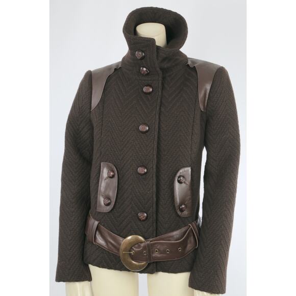 Mackage Jackets & Blazers - Mackage Coat Vintage Brown Wool Leather Trim Belted Short Size M